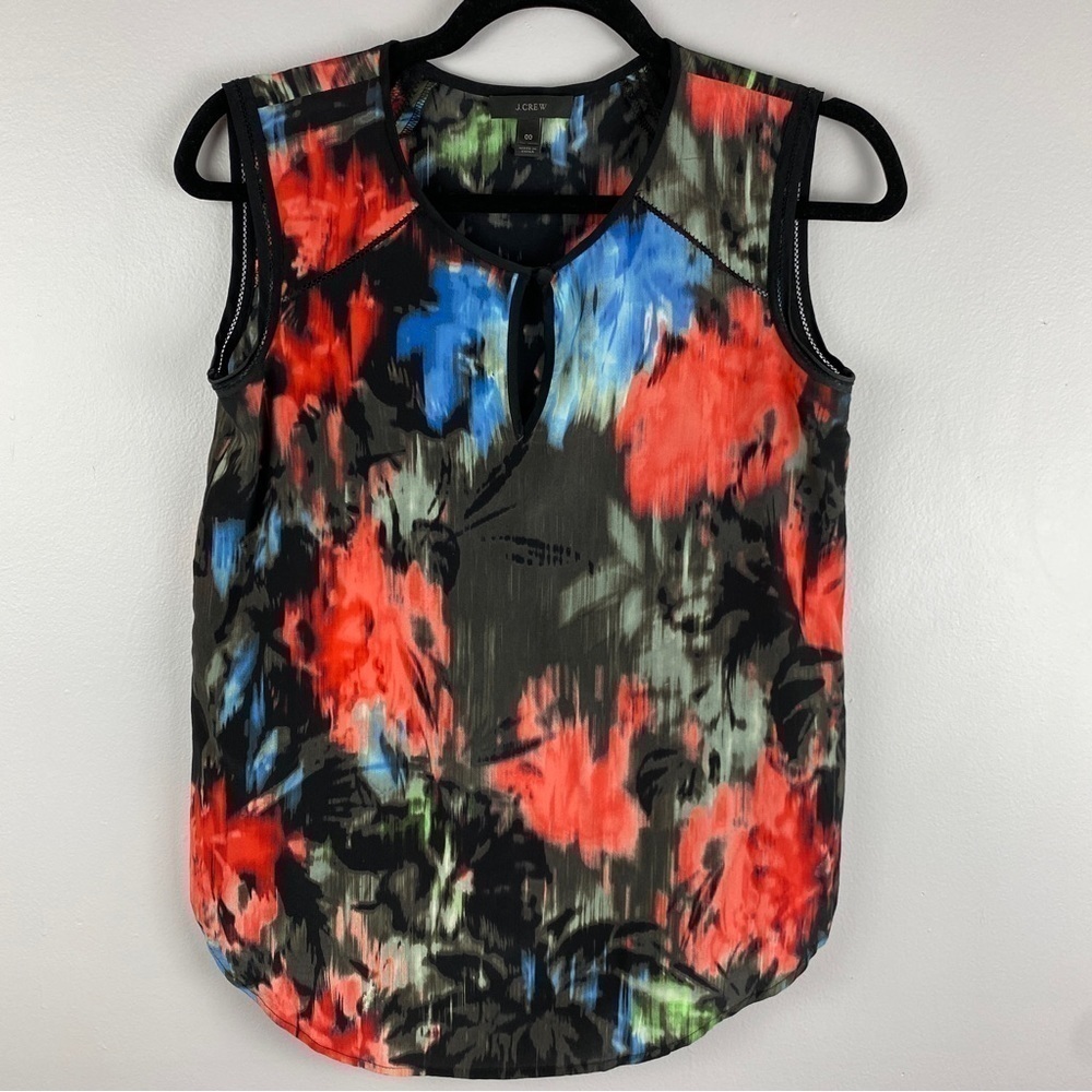 ✨3/$21✨ J. Crew 100% Silk Sleeveless Blouse Abstract Floral Black Red Size 00 - Picture 3 of 11